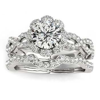 Halo Diamond Engagement & Wedding Rings Bridal Set 14k W. Gold 0.83ct