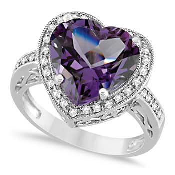 Heart Shaped Amethyst & Diamond Ring Halo 14K White Gold 5.41ct
