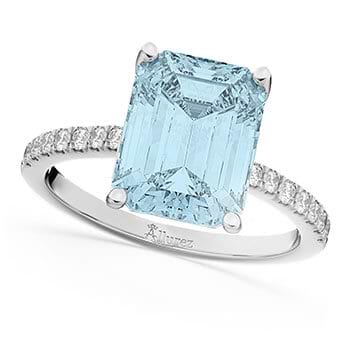 Emerald Cut Aquamarine & Diamond Engagement Ring 14k White Gold (2.96ct)